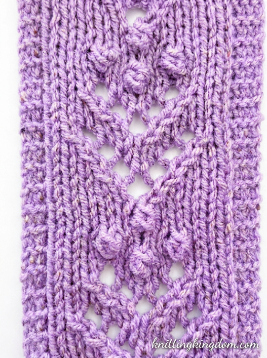 Flower Bobble Knitting Stitch Pattern panel in lavender tweed yarn